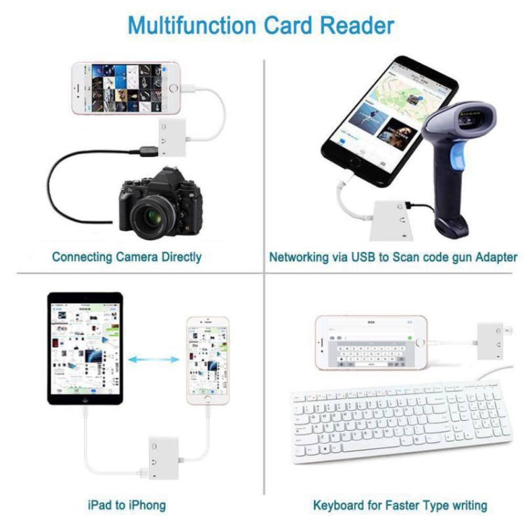 Adaptateur multifonction 3 en 1 8 broches + 3,5 mm + USB 3.0 OTG vers 8 broches mâle pour charge rapide, musique, audio et lecture de cartes