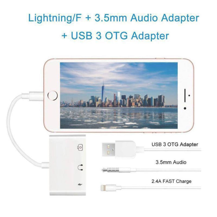 Adaptateur multifonction 3 en 1 8 broches + 3,5 mm + USB 3.0 OTG vers 8 broches mâle pour charge rapide, musique, audio et lecture de cartes