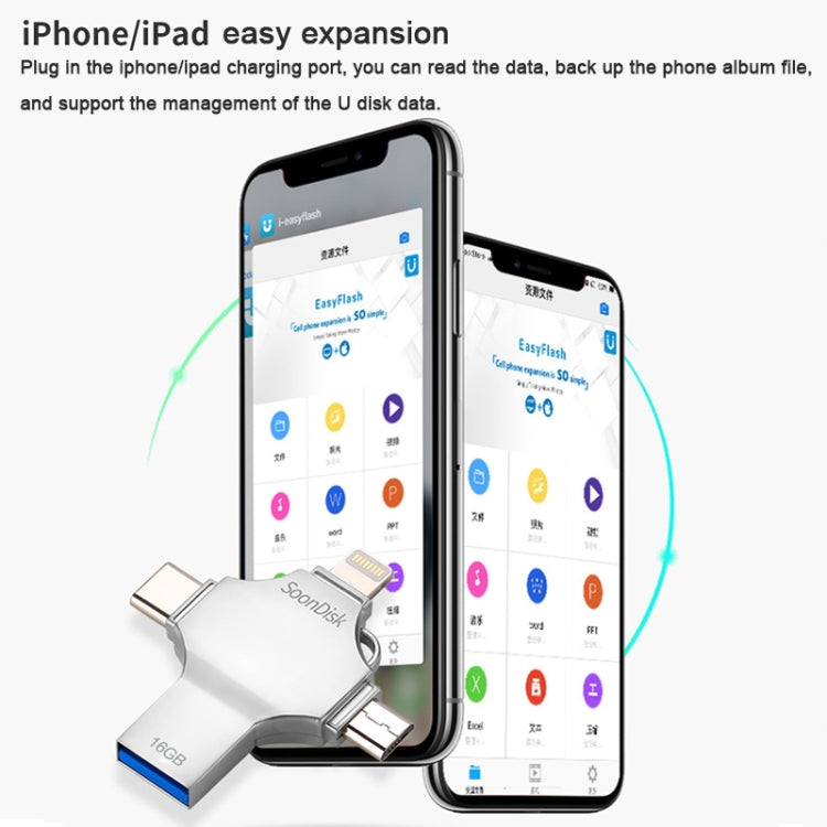 4 in 1 16GB USB 3.0 + 8 Pin + Mirco USB + USB-C / Type-C Dual-use Flash Drive with OTG Function
