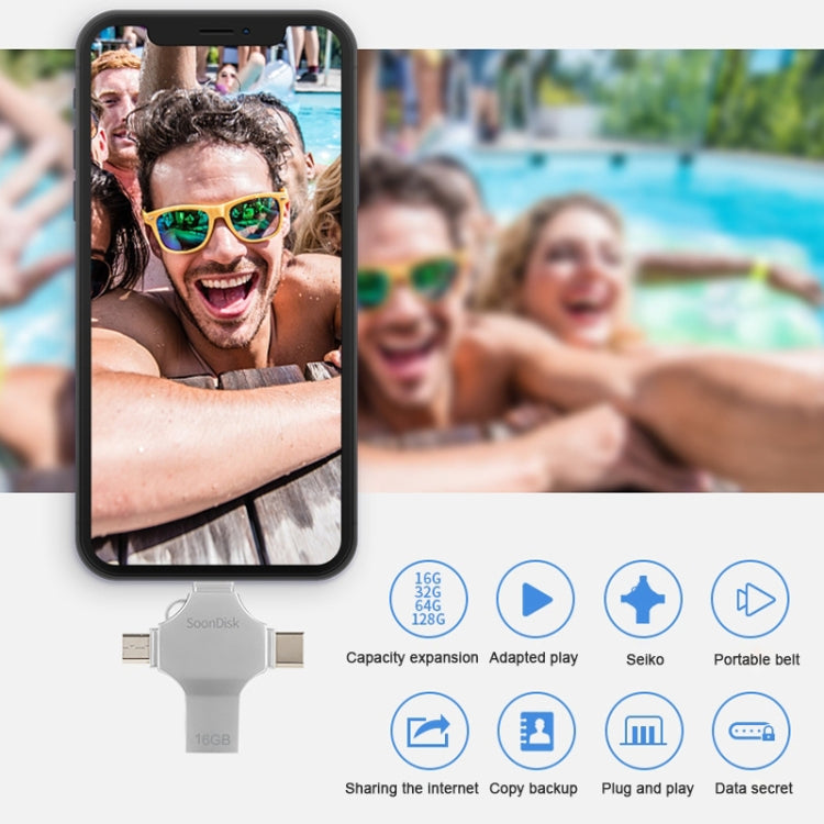 4 in 1 16GB USB 3.0 + 8 Pin + Mirco USB + USB-C / Type-C Dual-use Flash Drive with OTG Function
