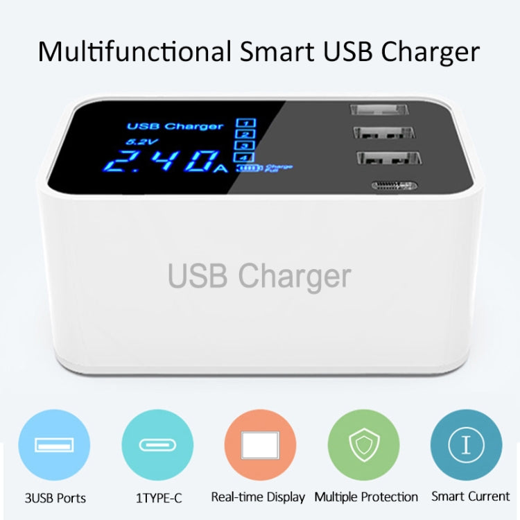 CDA30 20W 3 USB Ports + USB-C / Type-C Ports Multi-function Charger with LED Display, EU Plug, EU Plug