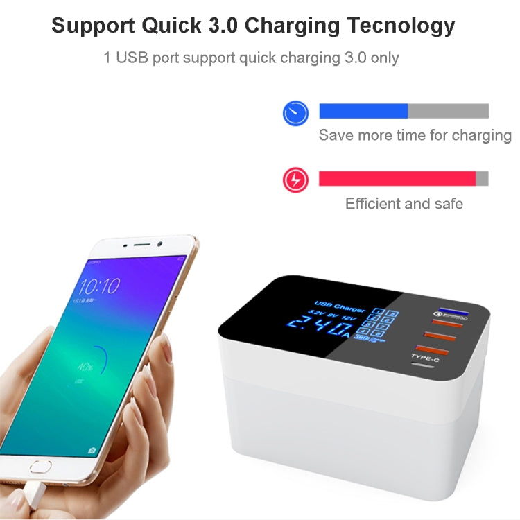 Chargeur multifonction CDA33Q 40 W QC 3.0 USB + 3 ports USB + ports USB-C / Type-C avec écran LED, prise US, prise US