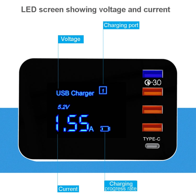 Chargeur multifonction CDA33Q 40 W QC 3.0 USB + 3 ports USB + ports USB-C / Type-C avec écran LED, prise US, prise US