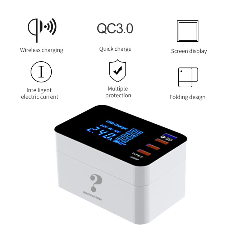 Chargeur multifonction pliable sans fil CDA33QW 40 W QC 3.0, 3 ports USB, USB-C/Type-C, affichage LED, prise US