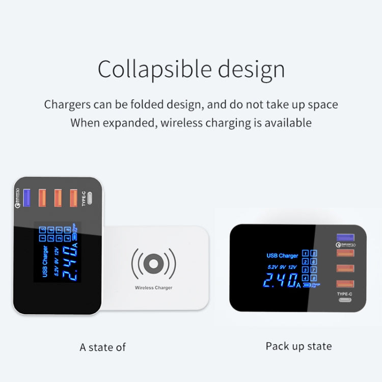 Chargeur multifonction pliable sans fil CDA33QW 40 W QC 3.0, 3 ports USB, USB-C/Type-C, affichage LED, prise US