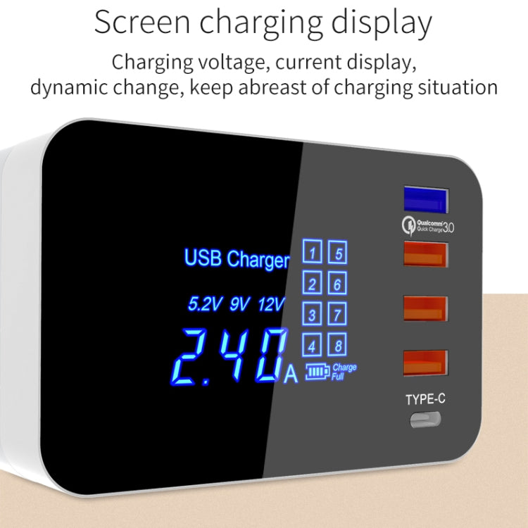 Chargeur multifonction pliable sans fil CDA33QW 40 W QC 3.0, 3 ports USB, USB-C/Type-C, affichage LED, prise US