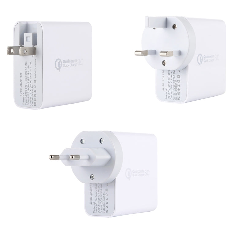 A3 PD 18W USB-C / Type-C + QC3.0 USB + Dual USB Interface Travel Charger Set, US Plug / EU Plug / UK Plug