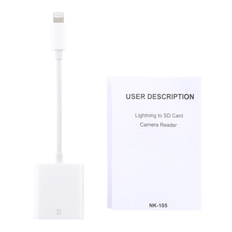 Adaptateur NK105 8 broches vers lecteur de carte SD, compatible avec iOS 9.1 et versions ultérieures.