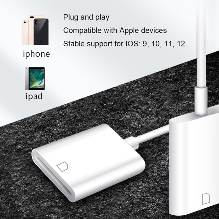 Adaptateur NK105 8 broches vers lecteur de carte SD, compatible avec iOS 9.1 et versions ultérieures.