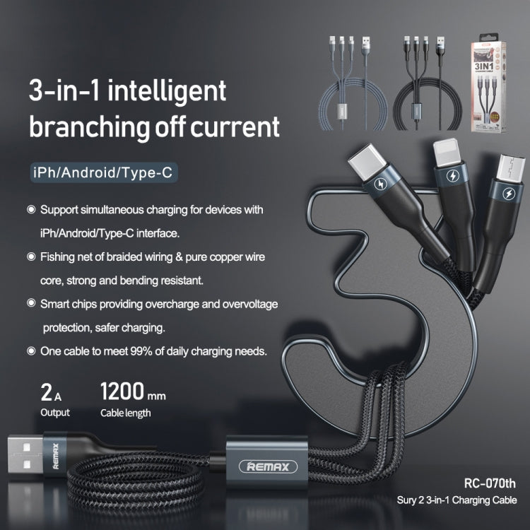 REMAX RC-070TH 1.2m 2A 3 in 1 USB to 8 Pin & USB-C / Type-C & Micro USB Charging Cable