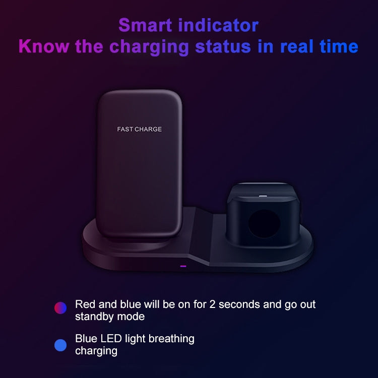 OJD-45 3 in 1 QI 10W Mobile Phone + Watch + 8 Pin Earphone Charging Port Multi-function Wireless Charger for Mobile Phones & Watches & AirPods 2