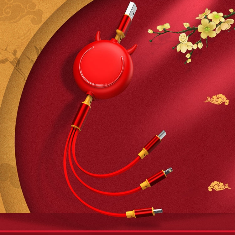 K042 1.2m 3A 3 in 1 USB to 8 Pin + USB-C / Type-C + Micro USB Bull Head Retractable Data Cable