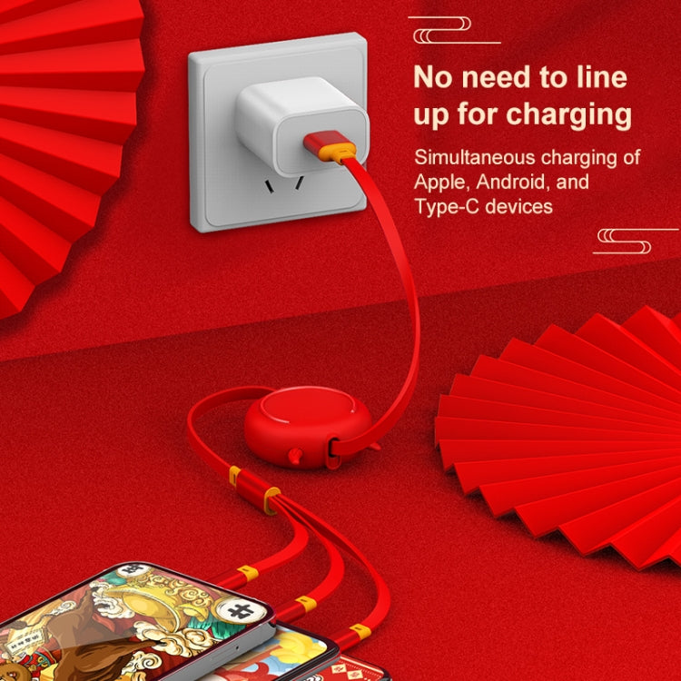 K042 1.2m 3A 3 in 1 USB to 8 Pin + USB-C / Type-C + Micro USB Bull Head Retractable Data Cable