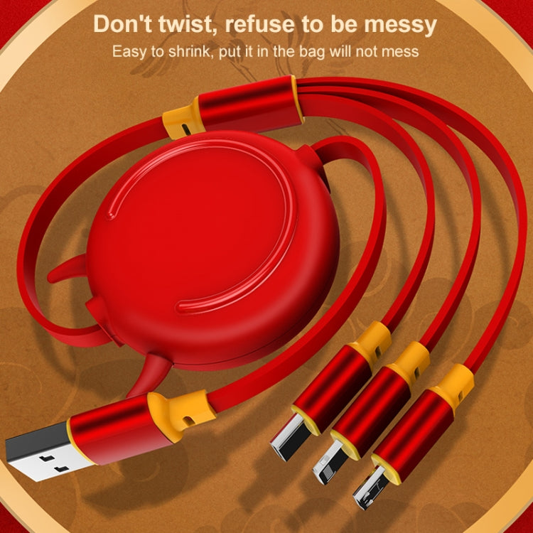 K042 1.2m 3A 3 in 1 USB to 8 Pin + USB-C / Type-C + Micro USB Bull Head Retractable Data Cable