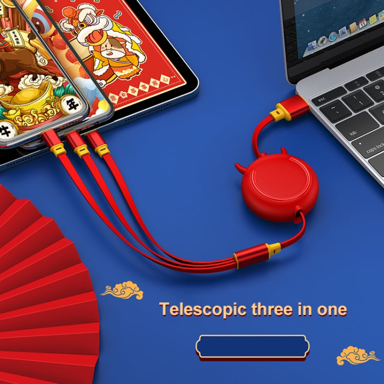 K042 1.2m 3A 3 in 1 USB to 8 Pin + USB-C / Type-C + Micro USB Bull Head Retractable Data Cable