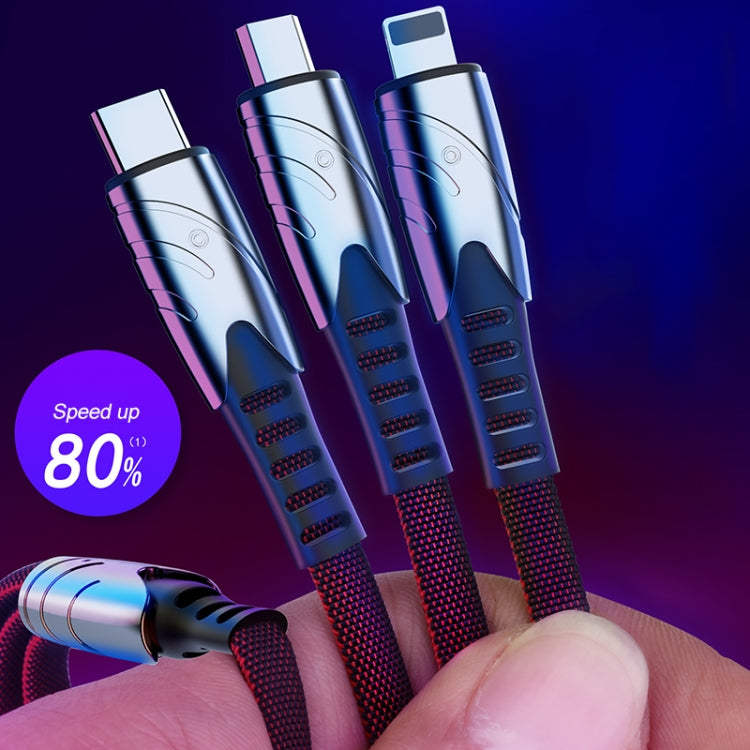 K051 1.2m 3 in 1 USB to 8 Pin + USB-C / Type-C + Micro USB Shark Fabric Data Cable