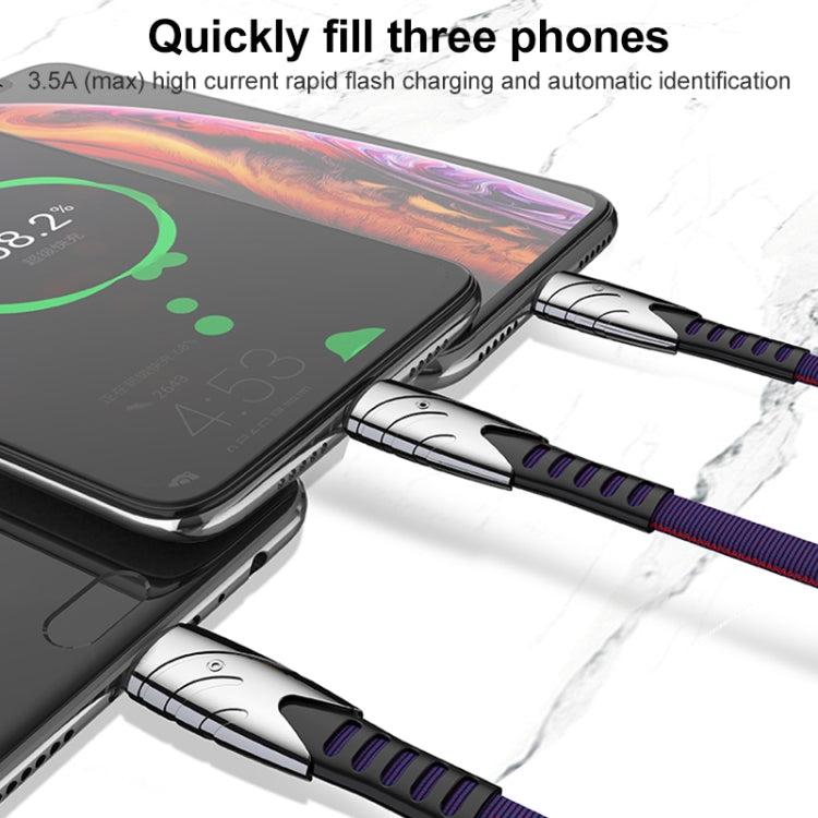 K051 1.2m 3 in 1 USB to 8 Pin + USB-C / Type-C + Micro USB Shark Fabric Data Cable