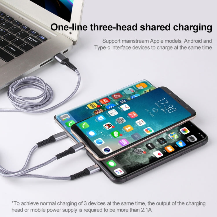 IVON CA39 2.4A Max 8 Pin + Type-C + Micro USB 3 in 1 Charging Cable, Length: 1.2m