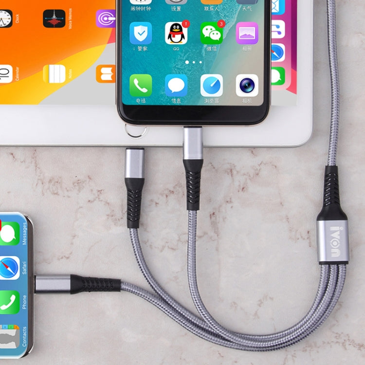 IVON CA39 2.4A Max 8 Pin + Type-C + Micro USB 3 in 1 Charging Cable, Length: 1.2m