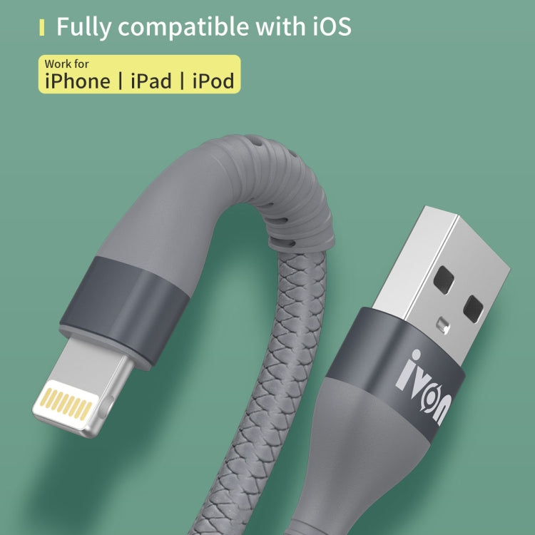 IVON CA92 2.4A Max USB to 8 Pin Rubber Fast Charging Data Cable, Length: 1.5m, 8 Pin
