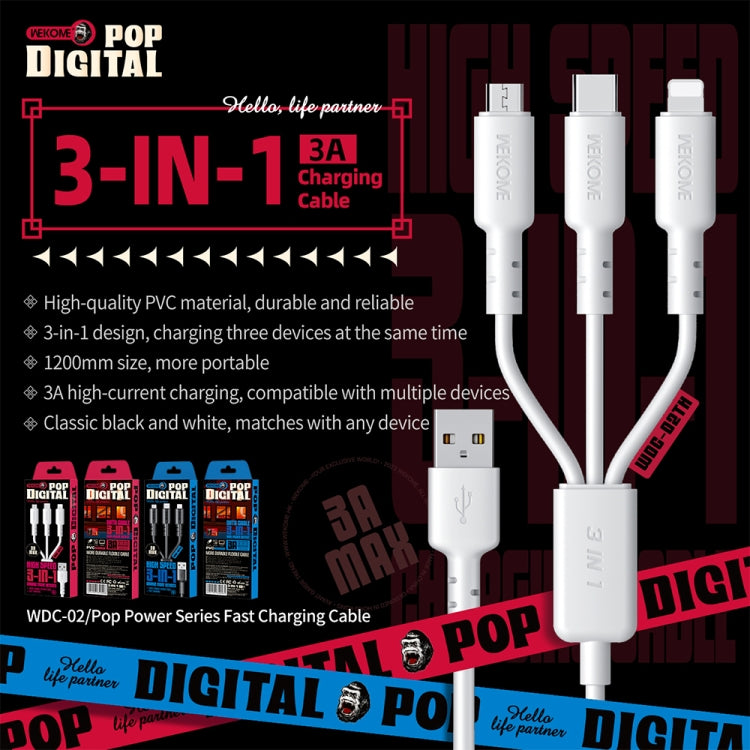 Câble de données 3 en 1 USB vers 8 broches + Type-C + Micro USB 3 A WEKOME WDC-02 Tidal Energy Series, longueur : 1,2 m