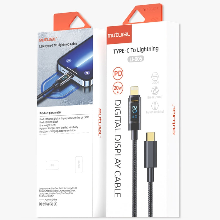 Mutural Li-CC005 1.2m PD20W Transparent Digital Display USB-C / Type-C to 8 Pin Charging Data Cable, Type-C to 8 Pin