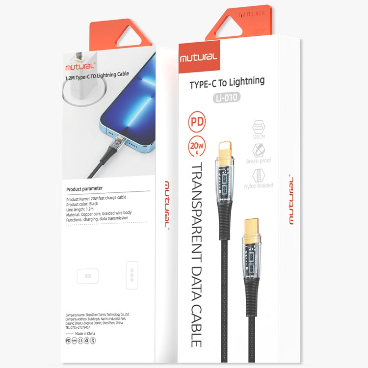 Mutural Li-CC010 1.2m PD20W Transparent USB-C / Type-C to 8 Pin Charging Data Cable, Type-C to 8 Pin