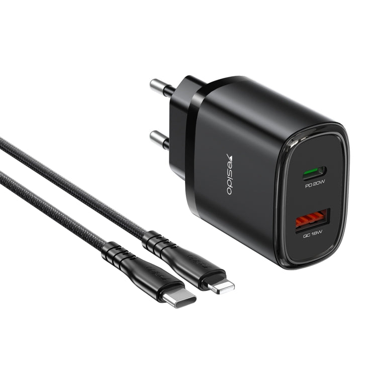 Chargeur de voyage USB-C/Type-C Yesido YC47 avec câble USB-C/Type-C vers 8 broches de 1 m, prise UE, YC47 noir, YC47 blanc