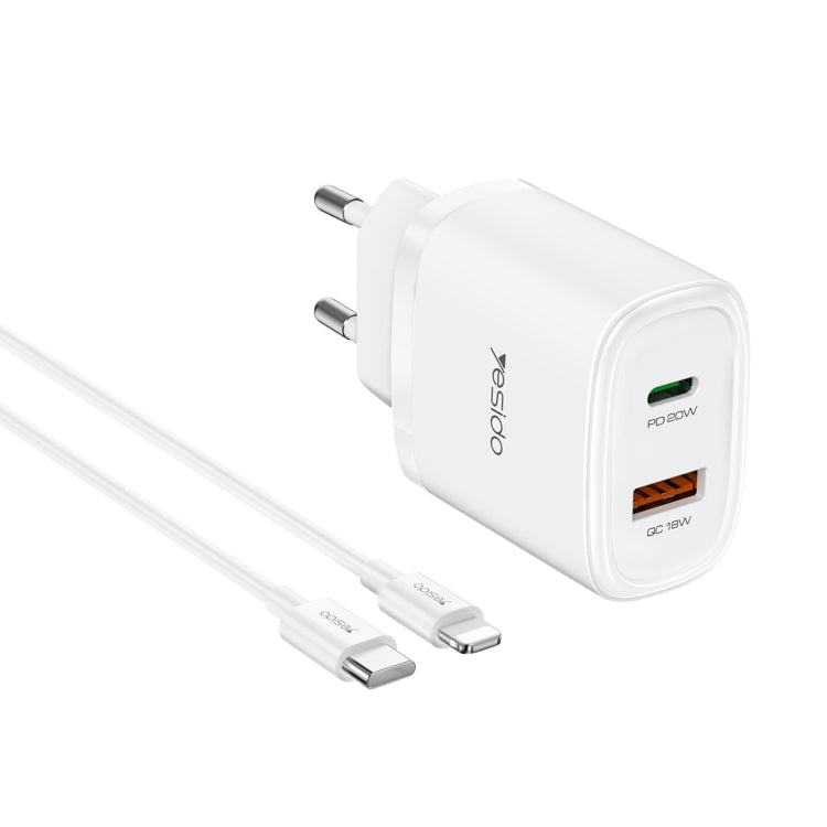 Chargeur de voyage USB-C/Type-C Yesido YC47 avec câble USB-C/Type-C vers 8 broches de 1 m, prise UE, YC47 noir, YC47 blanc