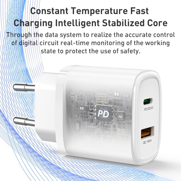 Yesido YC47 USB-C / Type-C + USB Travel Charger with 1m USB-C / Type-C to 8 Pin Cable, EU Plug
