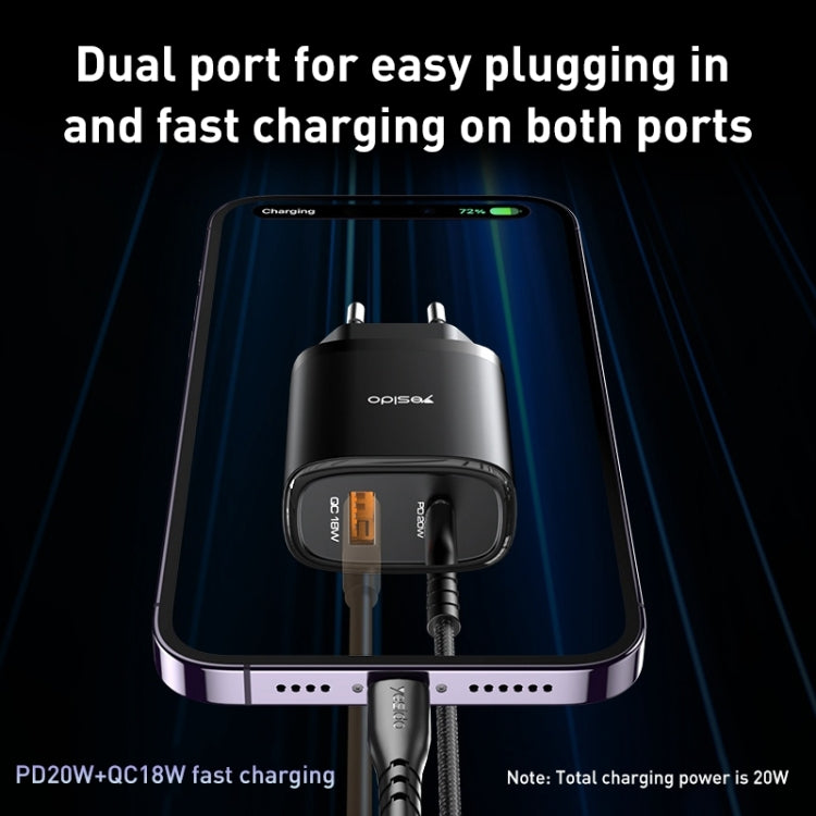 Chargeur de voyage USB-C/Type-C Yesido YC47 avec câble USB-C/Type-C vers 8 broches de 1 m, prise UE, YC47 noir, YC47 blanc