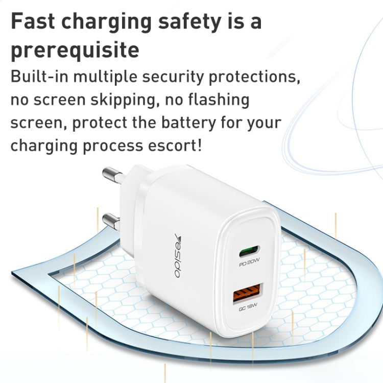 Chargeur de voyage USB-C/Type-C Yesido YC47 avec câble USB-C/Type-C vers 8 broches de 1 m, prise UE, YC47 noir, YC47 blanc