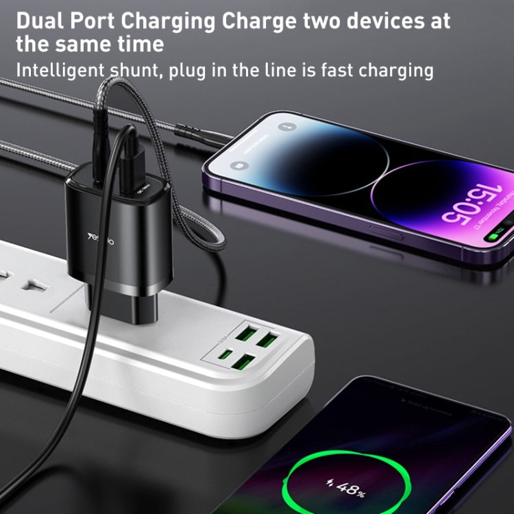 Chargeur de voyage USB-C/Type-C Yesido YC47 avec câble USB-C/Type-C vers 8 broches de 1 m, prise UE, YC47 noir, YC47 blanc