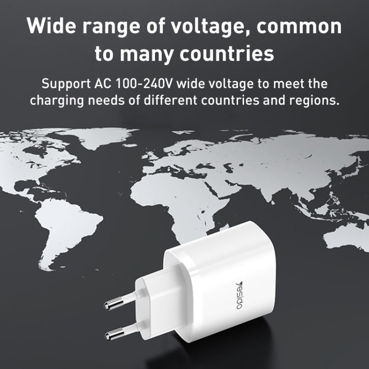 Chargeur de voyage USB-C/Type-C Yesido YC47 avec câble USB-C/Type-C vers 8 broches de 1 m, prise UE, YC47 noir, YC47 blanc