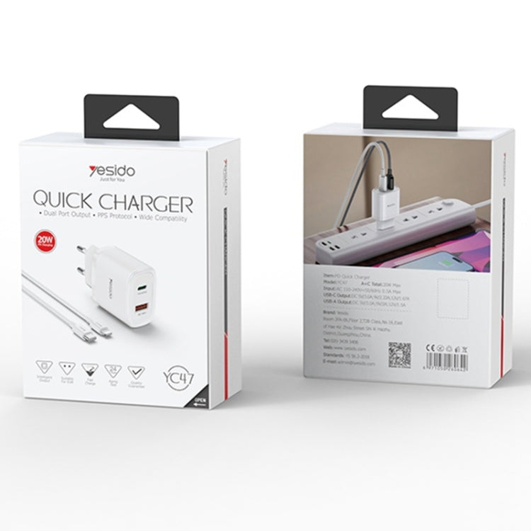 Chargeur de voyage USB-C/Type-C Yesido YC47 avec câble USB-C/Type-C vers 8 broches de 1 m, prise UE, YC47 noir, YC47 blanc