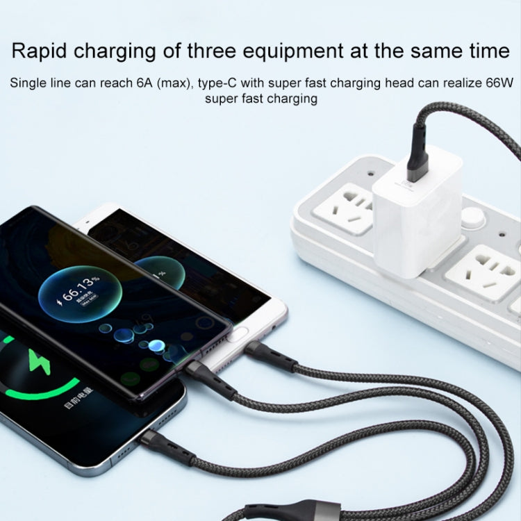 100W 6A Type-C to 8 Pin+Type-C+Micro USB Charging Data Cable, 1.3m