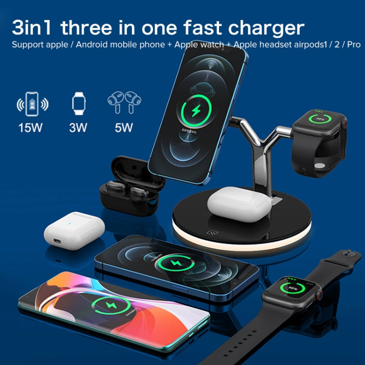 Chargeur magnétique sans fil multifonction 3 en 1 25 W pour téléphones portables, montres Apple et AirPods, avec lumière LED colorée