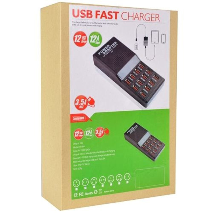 W-858 12A 12 Ports USB Fast Charging Dock Desktop Smart Charger AC100-240V, UK Plug, UK Plug