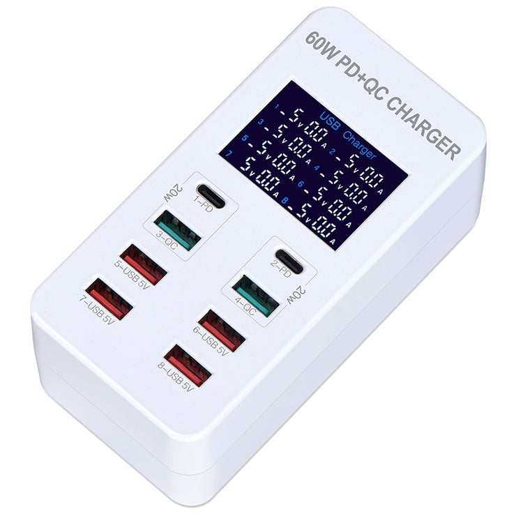 A8T 60W 8 Ports USB + QC3.0 + PD Type-C Smart Charging Station with Digital Display AC100-240V, US Plug, A8T US Plug