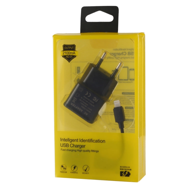 For iPhone 5V 2.1A Intellgent Identification USB Charger with 1m USB to 8 Pin Charging Cable, EU Plug