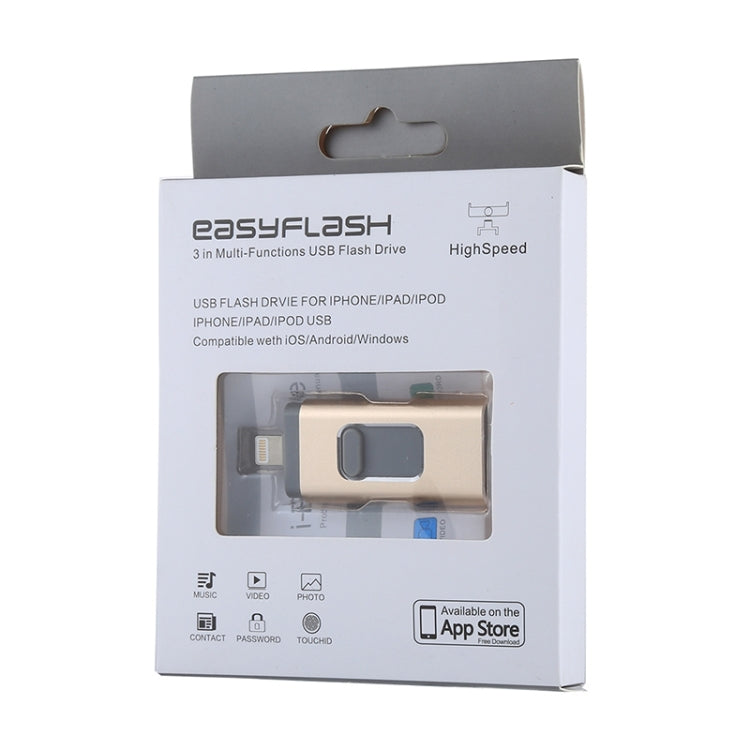 easyflash RQW-01B 3 in 1 USB 2.0 & 8 Pin & Micro USB 64GB Flash Drive, RQW-01B Gold