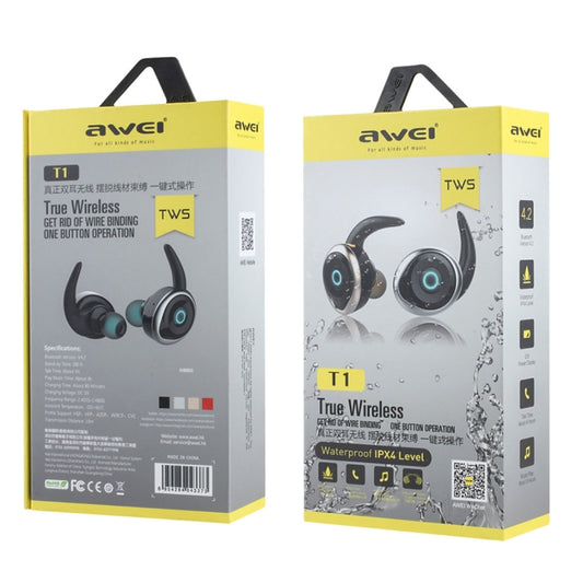 Close-up of AWEI T1 earbud featuring IPX4 water resistance and Bluetooth V4.2 technology
