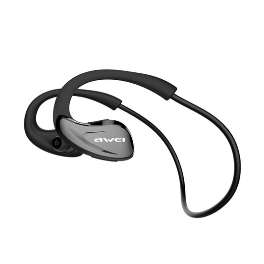 Black sports Bluetooth earphones with secure fit design and water-resistant construction