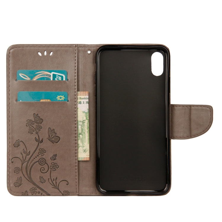 Étui en cuir à rabat horizontal avec motif papillon en relief pour iPhone XR, avec fente pour carte, support, portefeuille et cordon