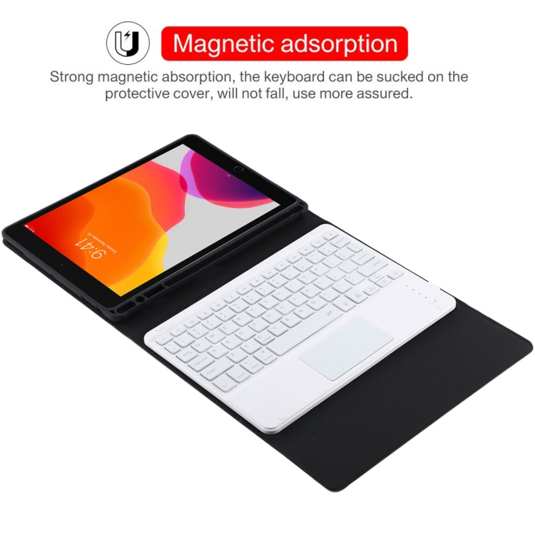 Clavier Bluetooth détachable blanc TG-102BCS + étui en cuir microfibre pour iPad 10,2 pouces / iPad Air (2019), avec pavé tactile, rétroéclairage, emplacement pour stylet et support, clavier blanc