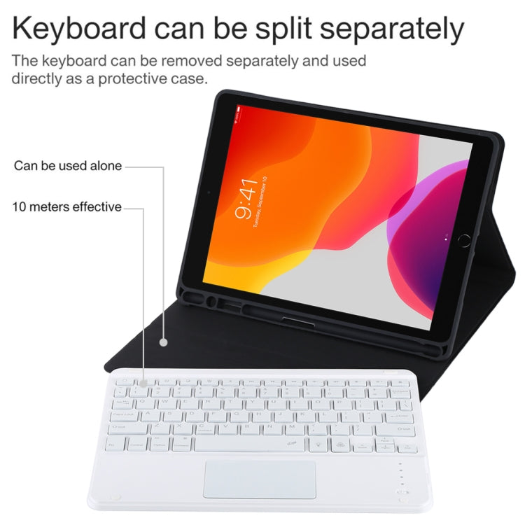 Clavier Bluetooth détachable blanc TG-102BCS + étui en cuir microfibre pour iPad 10,2 pouces / iPad Air (2019), avec pavé tactile, rétroéclairage, emplacement pour stylet et support, clavier blanc