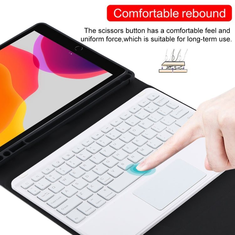 Clavier Bluetooth détachable blanc TG-102BCS + étui en cuir microfibre pour iPad 10,2 pouces / iPad Air (2019), avec pavé tactile, rétroéclairage, emplacement pour stylet et support, clavier blanc