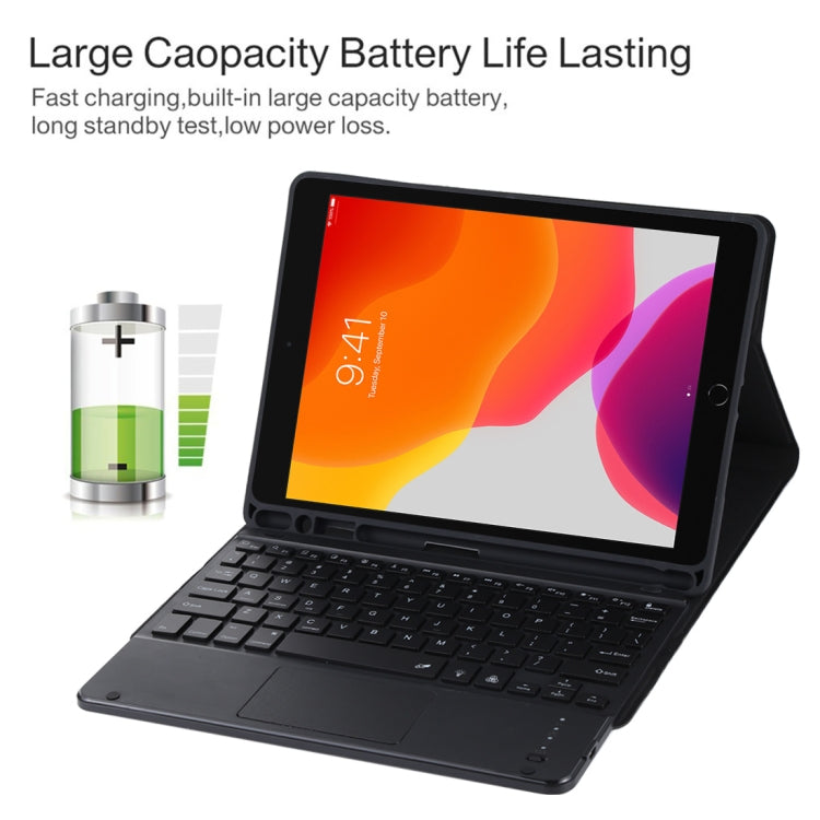 Clavier Bluetooth noir détachable TG-102BCS + étui en cuir microfibre pour iPad 10,2 pouces / iPad Air (2019), avec pavé tactile, rétroéclairage, emplacement pour stylet et support, clavier noir