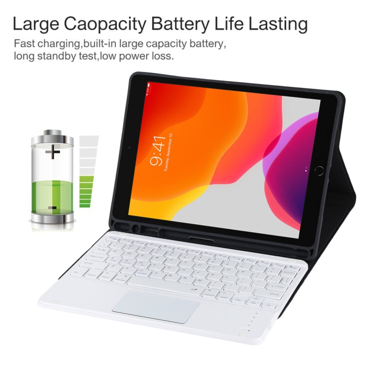 TG-102BC Detachable Bluetooth White Keyboard + Microfiber Leather Tablet Case for iPad 10.2 inch / iPad Air (2019), with Touch Pad & Pen Slot & Holder, White Keyboard