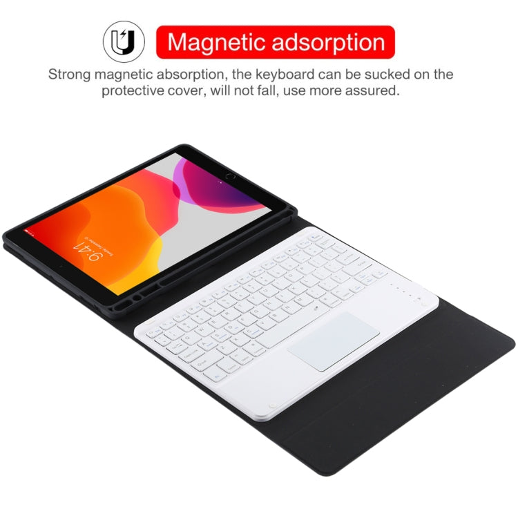 TG-102BC Detachable Bluetooth White Keyboard + Microfiber Leather Tablet Case for iPad 10.2 inch / iPad Air (2019), with Touch Pad & Pen Slot & Holder, White Keyboard